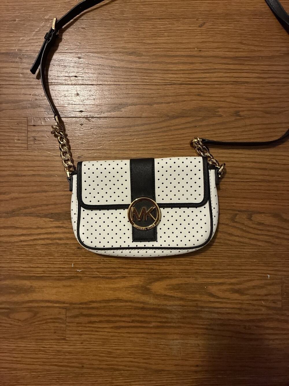 Michael Kors Fulton Small Flap Crossbody Bag White Perforated Leather Black Trim